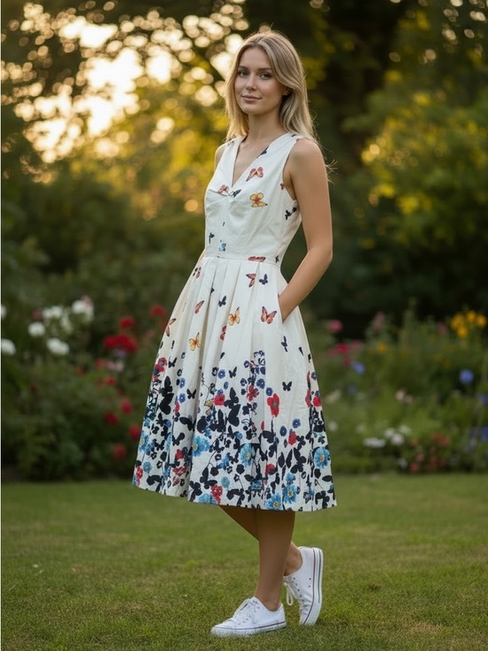 belle poque Dresses & Skirts - Belle Poque Butterfly Floral Retro Pinup Rockabilly Swing Dress M NWT Pockets